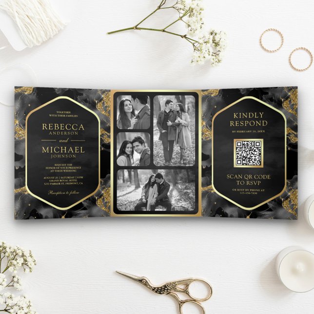 Invitation Trois Volets Mariage de code QR de l'encre liquide Abstraite au (Créateur téléchargé)