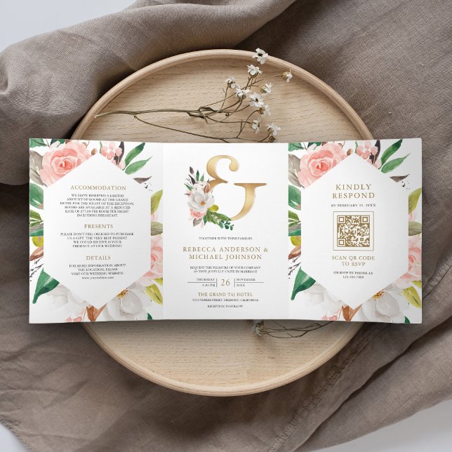 Invitation Trois Volets Mariage de code QR de l'esperie dorée rose (Créateur téléchargé)