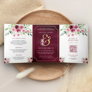 Invitation Trois Volets Mariage de code QR du marsala rose