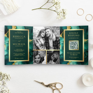 Invitation Trois Volets Mariage de code QR Emerald Green Gold