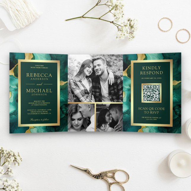 Invitation Trois Volets Mariage de code QR Emerald Green Gold (Créateur téléchargé)