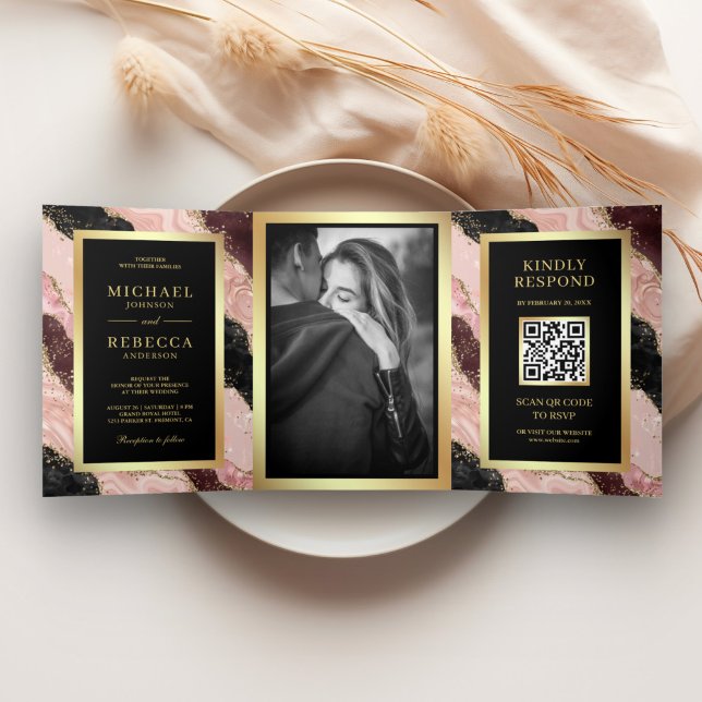 Invitation Trois Volets Mariage de code QR en marbre noir rose vif (Créateur téléchargé)