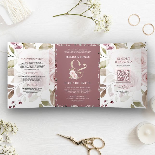 Invitation Trois Volets Mariage de code QR et d'esperie Florale Rose (Créateur téléchargé)