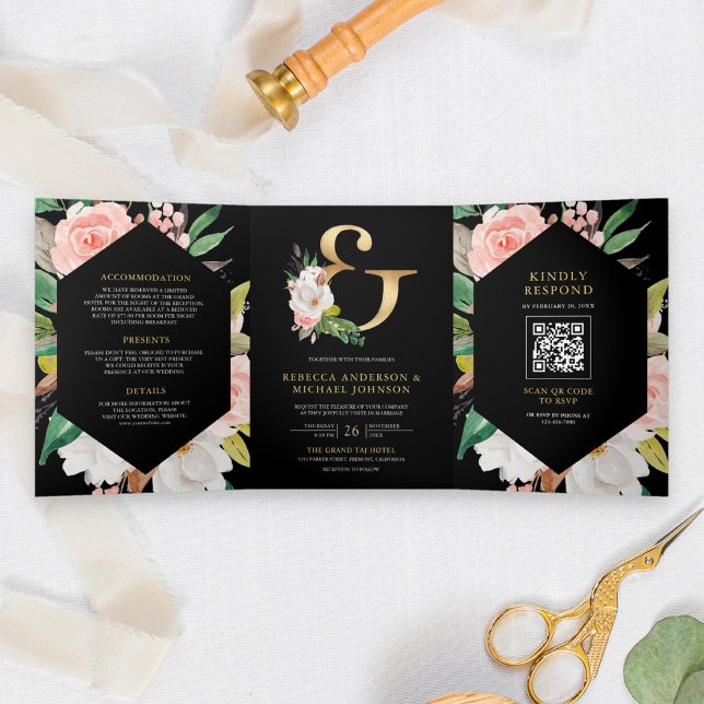 Invitation Trois Volets Mariage de code QR noir blanc rose floral (Créateur téléchargé)