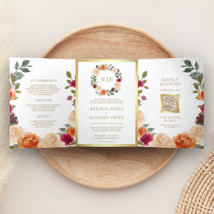 Invitation Trois Volets Mariage de code QR Rustique Earthy Floral Wreath