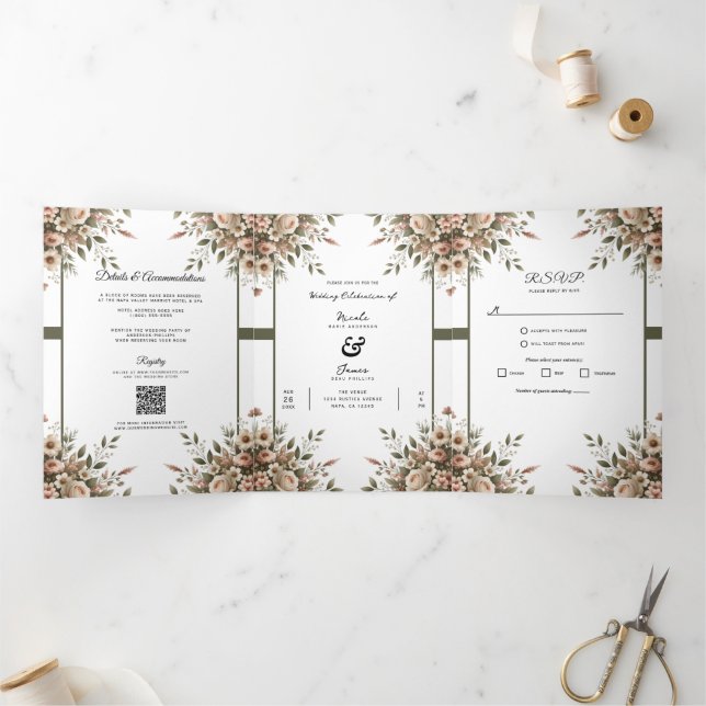Invitation Trois Volets Mariage de coin floral élégant vert olive et blanc (Intérieur)