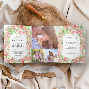 Invitation Trois Volets Mariage de collage photo floral Arch Roses Roses R