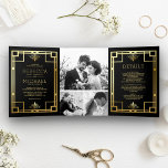Invitation Trois Volets Mariage de collection photo Art déco noir et or<br><div class="desc">Éblouissez vos invités avec cet élégant invitation de mariage avec de beaux cadres vintages et de faux éléments en feuille d'or. Ajoutez simplement les détails de votre événement sur ce modèle facile à utiliser et ornez cette carte avec vos photos préférées pour en faire une invitation unique.</div>