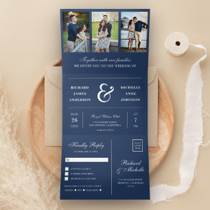 Invitation Trois Volets Mariage de collection photo Navy Blue Minimal 3 en