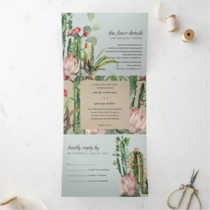 INVITATION TROIS VOLETS MARIAGE DE COULEUR D'EAU FLEURI KRAFT FLORAL CACTI