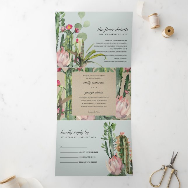 INVITATION TROIS VOLETS MARIAGE DE COULEUR D'EAU FLEURI KRAFT FLORAL CACTI (Intérieur)