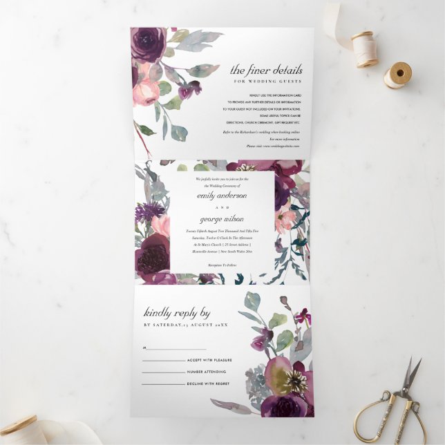 INVITATION TROIS VOLETS MARIAGE DE COULEUR D'EAU FLEURIE LILAC SOFT WILL P (Intérieur)