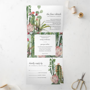 INVITATION TROIS VOLETS MARIAGE DE COULEUR D'EAU FLORALE ROSE GRIS
