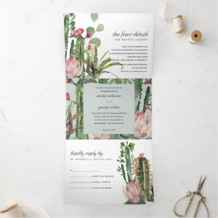 INVITATION TROIS VOLETS MARIAGE DE COULEUR D'EAU FLORALE ROSE GRIS