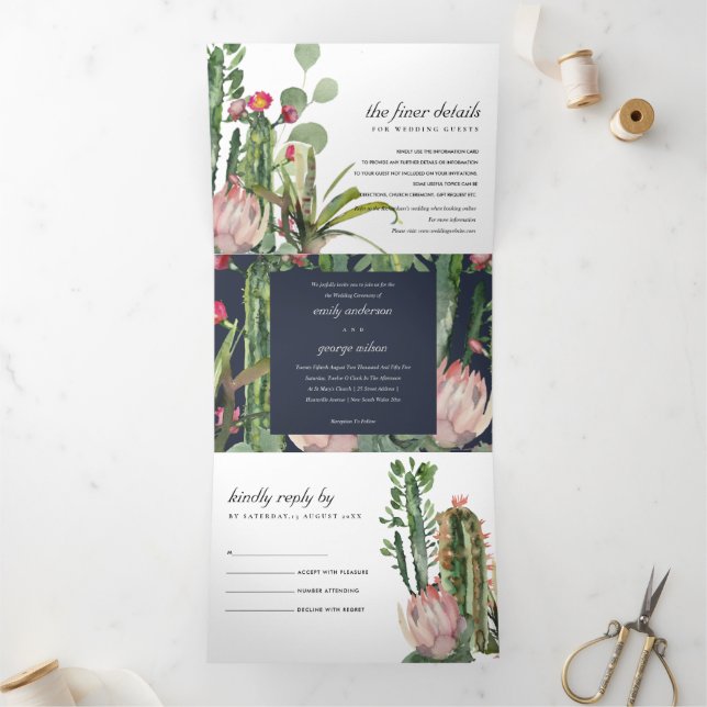 INVITATION TROIS VOLETS MARIAGE DE COULEUR D'EAU FLORALE ROSE MARINE (Intérieur)