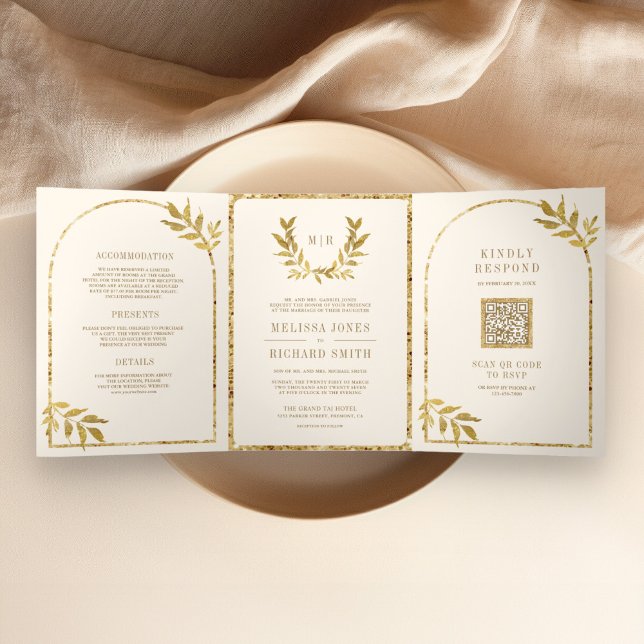 Invitation Trois Volets Mariage de crème Feuille Gold Laurel Wreath (Créateur téléchargé)