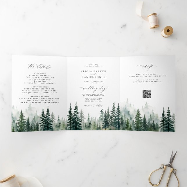 Invitation Trois Volets Mariage de destination forêt de pins aquarelle (Intérieur)
