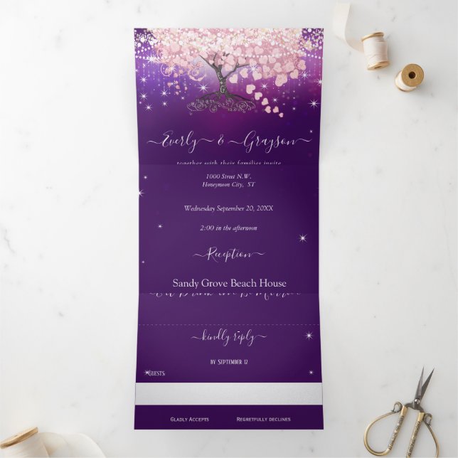 Invitation Trois Volets Mariage de feuilles de coeur violet Lilac et rose (Intérieur)