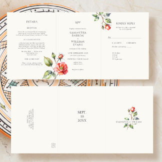 Invitation Trois Volets Mariage de fleurs Rose aquarelle