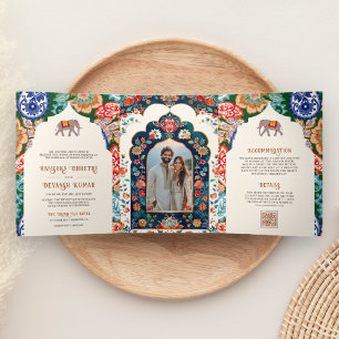 Invitation Trois Volets Mariage de la crème Elephant Art Populaire Indienn