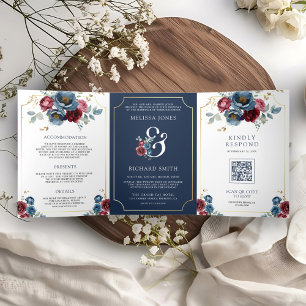 Invitation Trois Volets Mariage de l'amphithéâtre floral bleu marine et bo