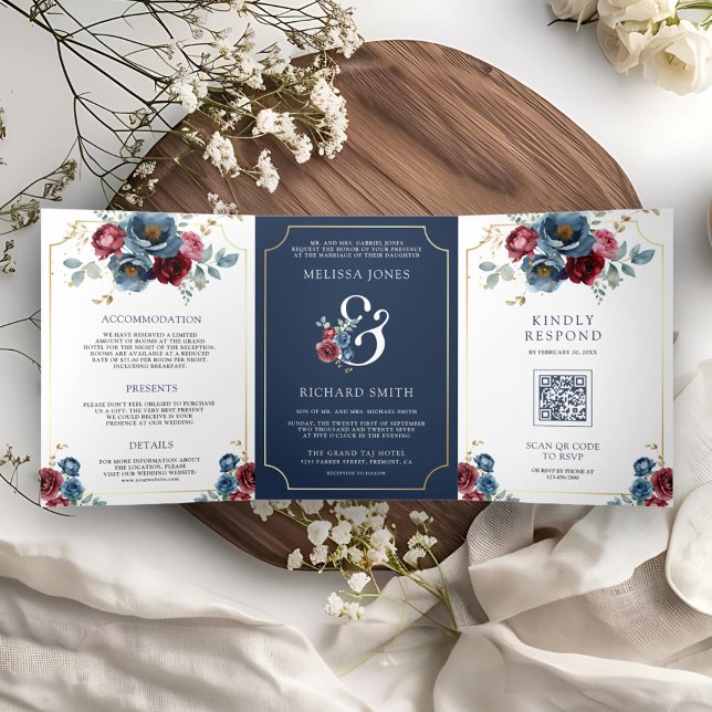 Invitation Trois Volets Mariage de l'amphithéâtre floral bleu marine et bo (Créateur téléchargé)