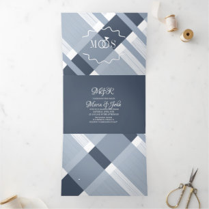 Invitation Trois Volets Mariage de logo minimaliste Dusty Blue Plaid