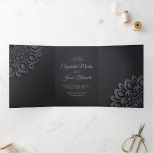 Invitation Trois Volets Mariage de Mandala de coupure de papier noir conte