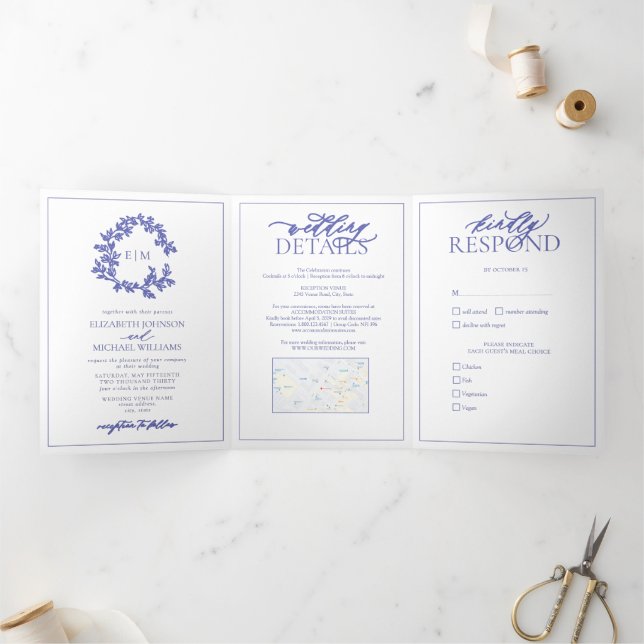 Invitation Trois Volets Mariage de monogramme de poitrine feuillue (Intérieur)