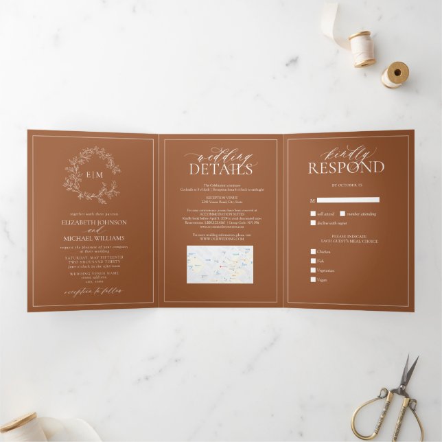 Invitation Trois Volets Mariage de monogramme en terre cuite (Intérieur)