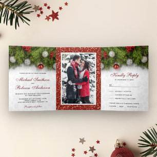 Invitation Trois Volets Mariage de Noël aux Baies de Houx et aux Feuilles