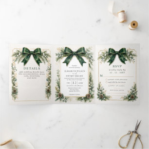 Invitation Trois Volets Mariage de Noël hivernal botanique au ruban vert