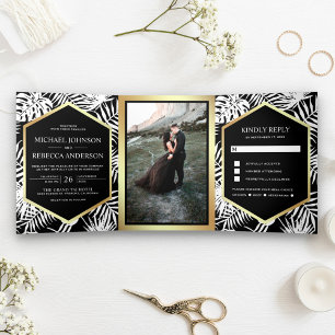 Invitation Trois Volets Mariage de palme tropicale Black and White Gold