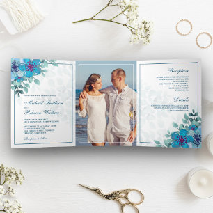 Invitation Trois Volets Mariage de photo florale aquarelle bleu océan