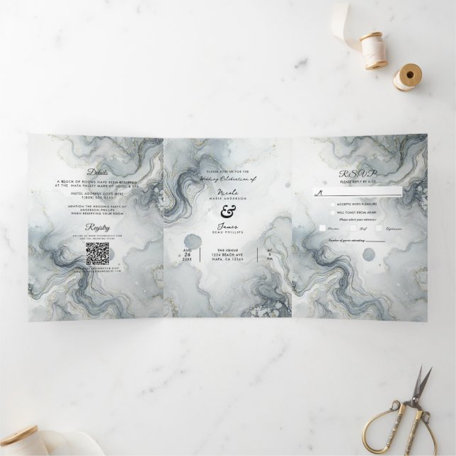 Invitation Trois Volets Mariage de plage aquarelle bleu gris et or (Intérieur)