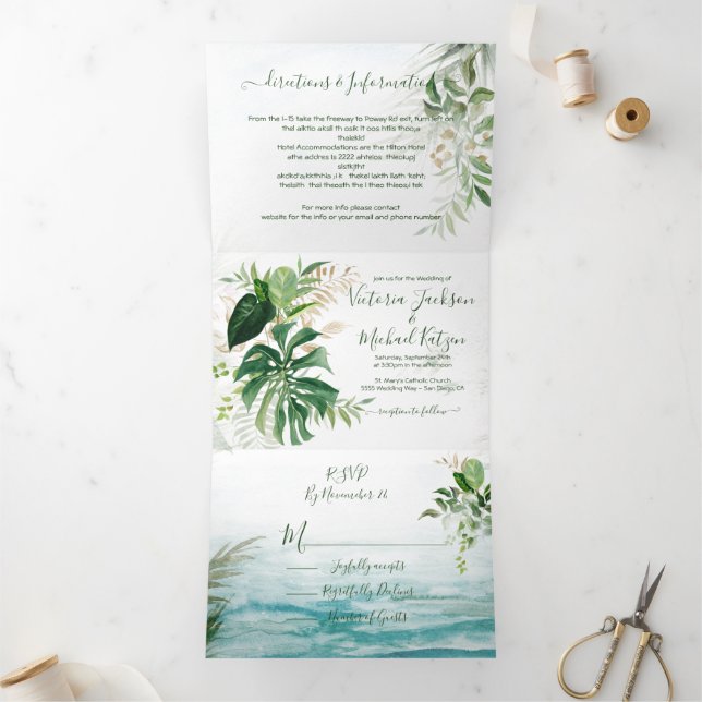 Invitation Trois Volets Mariage de plage Feuille tropicale (Intérieur)
