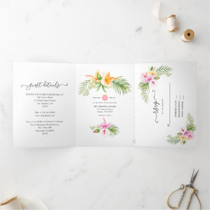 Invitation Trois Volets Mariage de plage tropical floral aquarelle tri-pli