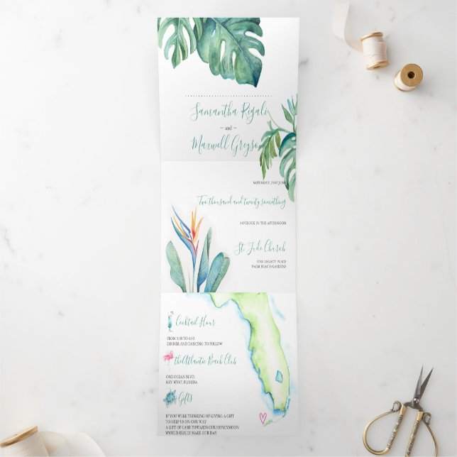 Invitation Trois Volets Mariage De Plage Tropicale En Floride (Intérieur)