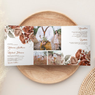 Invitation Trois Volets Mariage de roses orange brûlé rustique en collage