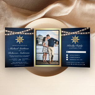 Invitation Trois Volets Mariage de roue du navire Marine Blue Wood Nautica