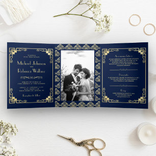 Invitation Trois Volets Mariage de style Art déco vintage bleu et or