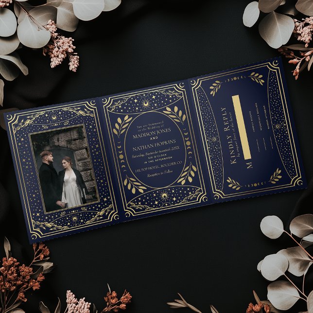 Invitation Trois Volets Mariage de Tarot Elegant Gold et Navy (Créateur téléchargé)