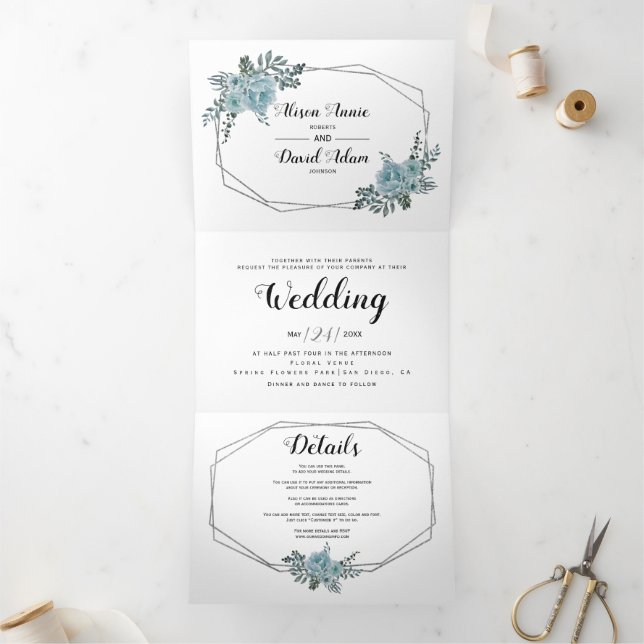 Invitation Trois Volets Mariage de typographie, fleurs d'aquarelle bleu fo (Intérieur)