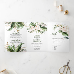 Invitation Trois Volets Mariage de verdure tropicale rose pâle