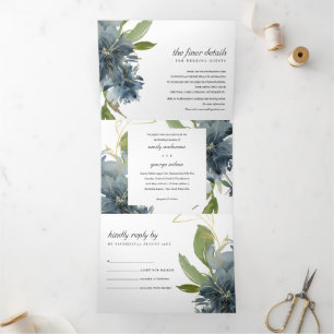 Invitation Trois Volets Mariage D'EAU FLORALE DUSKY BLUE VERT