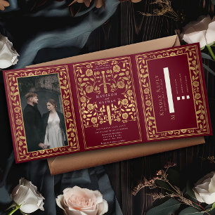 Invitation Trois Volets Mariage d'épée médiévale rouge