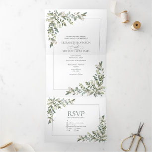 Invitation Trois Volets Mariage des repas verts de l'Eucalyptus Sage Botan