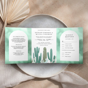 Invitation Trois Volets Mariage Désert Cactus Tout en Un Vert Menthe