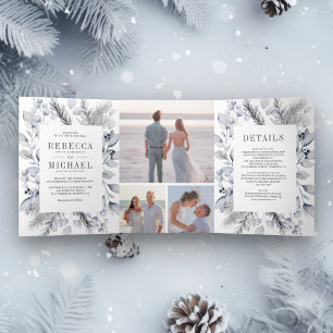 Invitation Trois Volets Mariage d'hiver aux feuilles aquarelles bleues pou