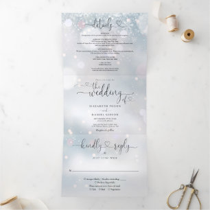 Invitation Trois Volets Mariage d'hiver Flocons de neige Écriture Cœur